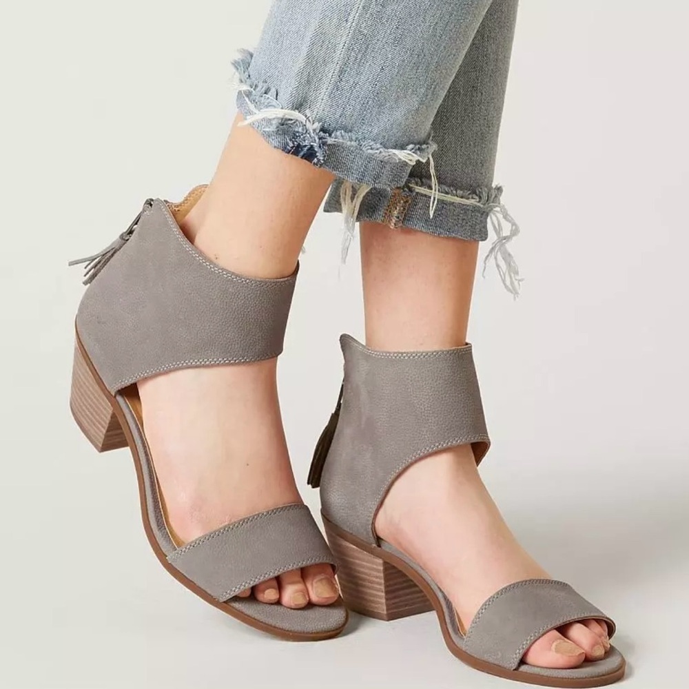 Gray Ankle Strap Block Heel Sandals - Women